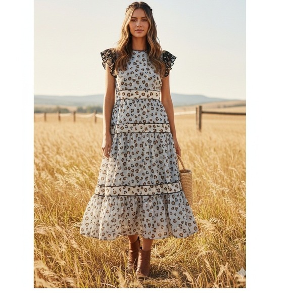Ann Taylor Dresses & Skirts - Ann Taylor 6P Blue Leopard Print Tiered Prairie Midi Dress Flutter Sleeve Lined
